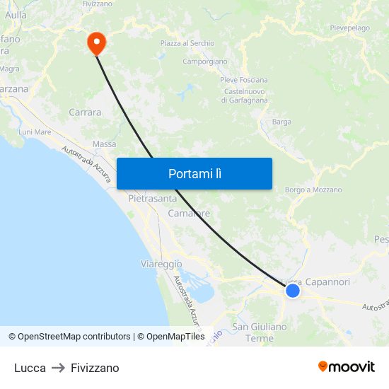 Lucca to Fivizzano map