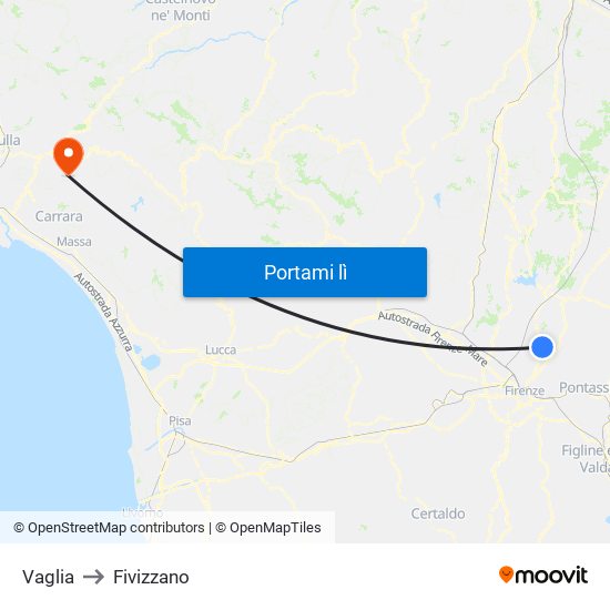 Vaglia to Fivizzano map