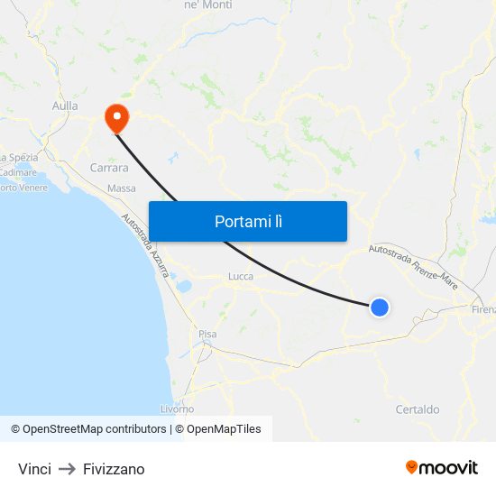 Vinci to Fivizzano map