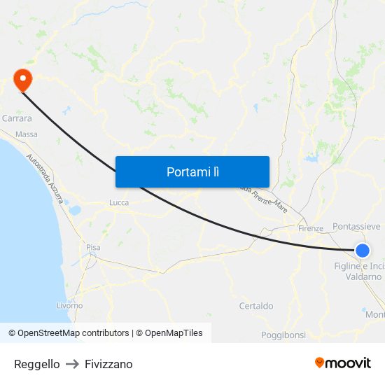 Reggello to Fivizzano map