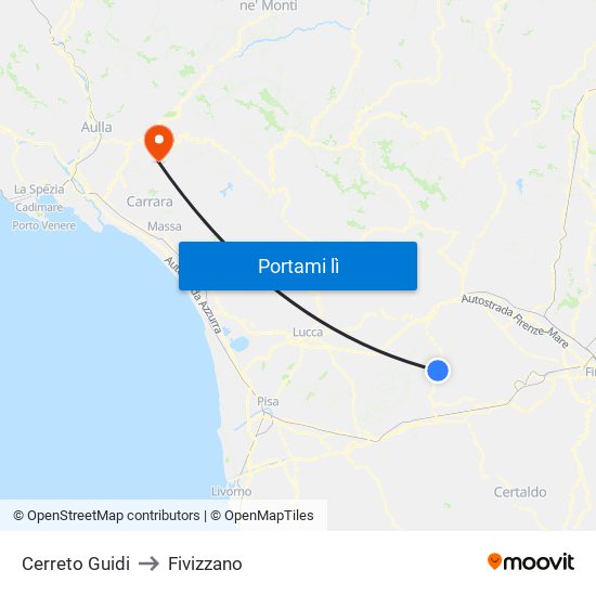 Cerreto Guidi to Fivizzano map