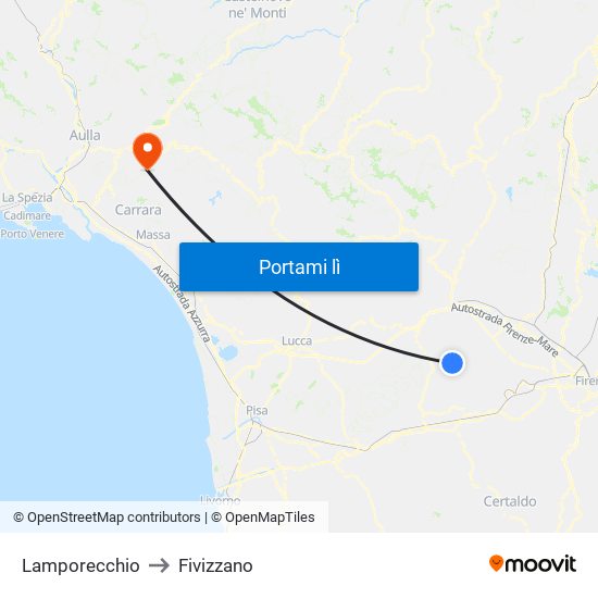 Lamporecchio to Fivizzano map