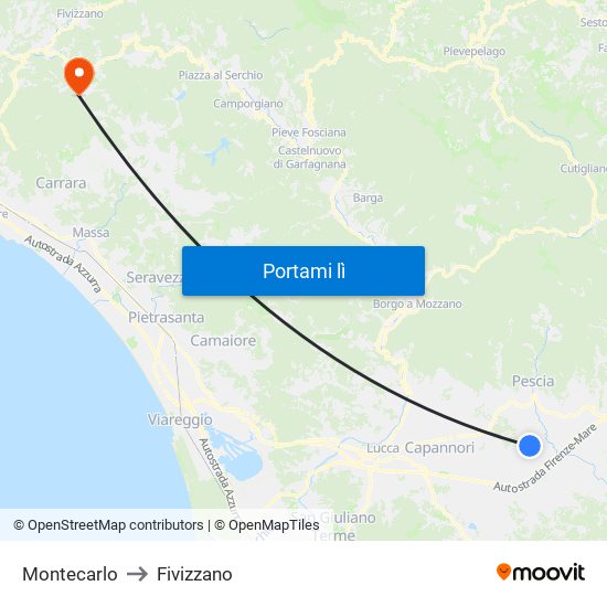 Montecarlo to Fivizzano map