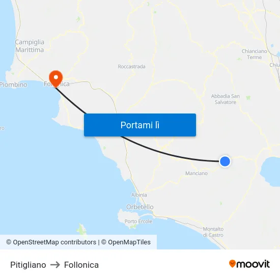 Pitigliano to Follonica map