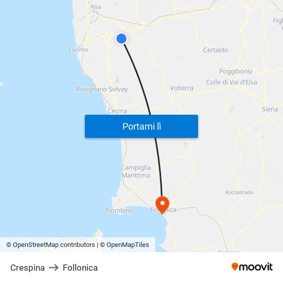 Crespina to Follonica map