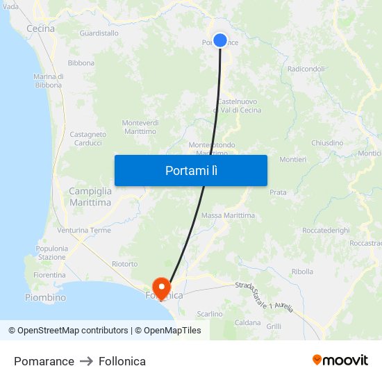 Pomarance to Follonica map