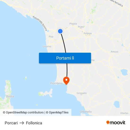 Porcari to Follonica map