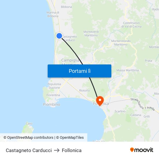 Castagneto Carducci to Follonica map