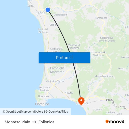 Montescudaio to Follonica map