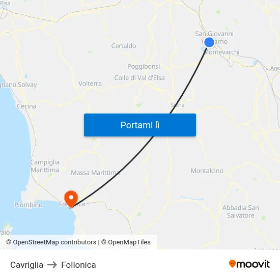 Cavriglia to Follonica map