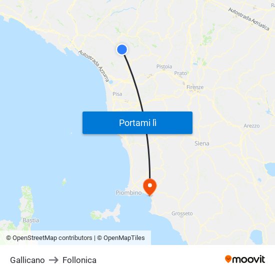 Gallicano to Follonica map