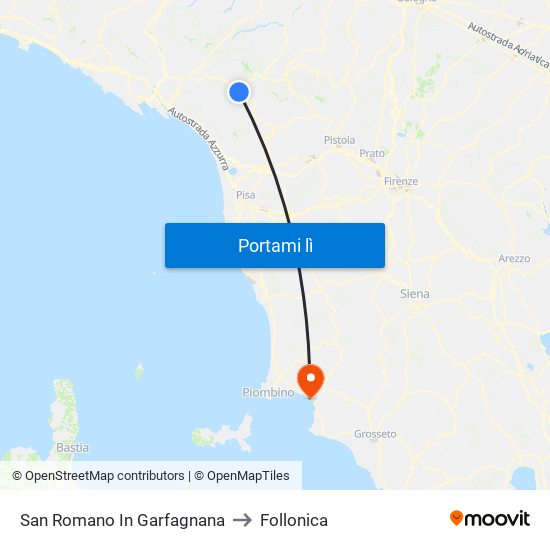 San Romano In Garfagnana to Follonica map