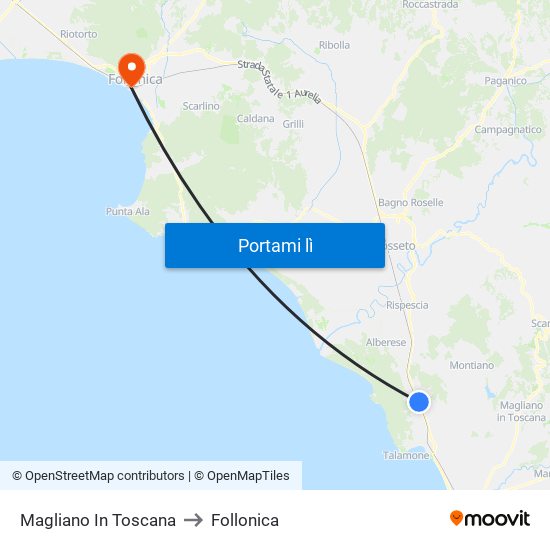 Magliano In Toscana to Follonica map