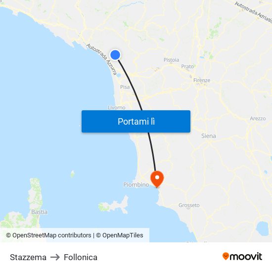 Stazzema to Follonica map