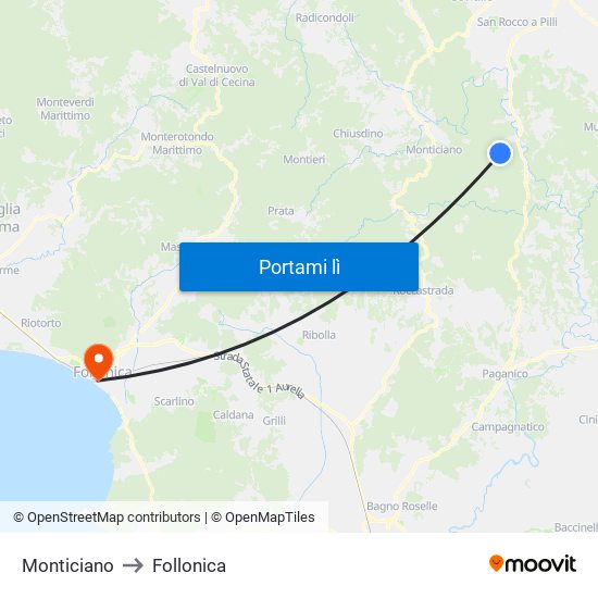 Monticiano to Follonica map