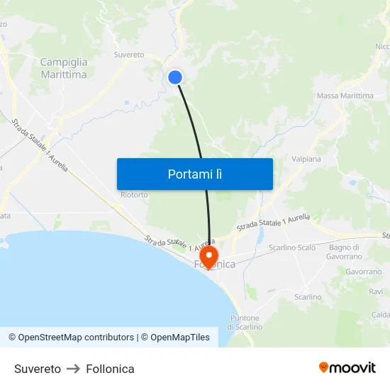 Suvereto to Follonica map