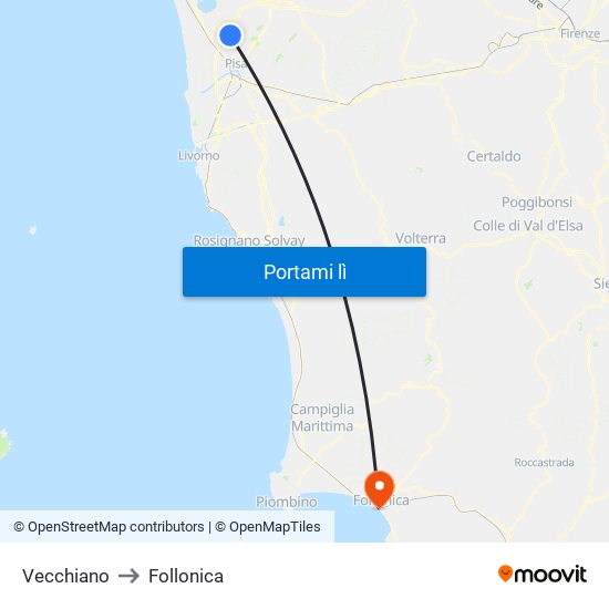 Vecchiano to Follonica map