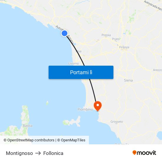 Montignoso to Follonica map