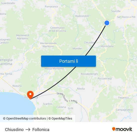Chiusdino to Follonica map
