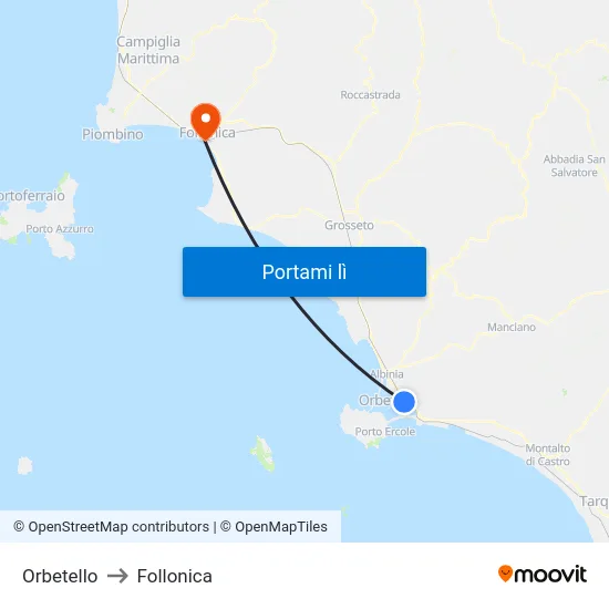 Orbetello to Follonica map