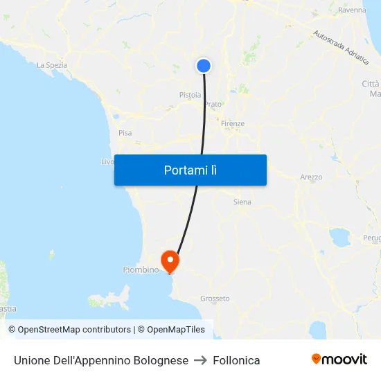 Unione Dell'Appennino Bolognese to Follonica map