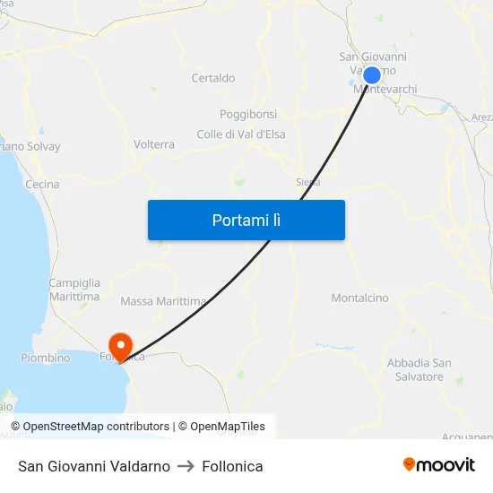 San Giovanni Valdarno to Follonica map
