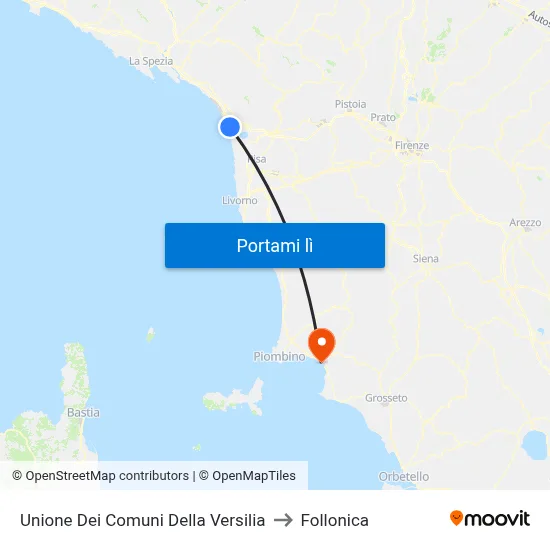 Unione Dei Comuni Della Versilia to Follonica map