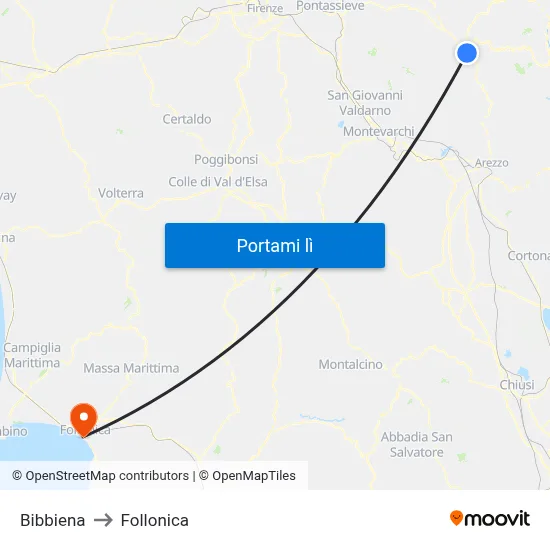 Bibbiena to Follonica map