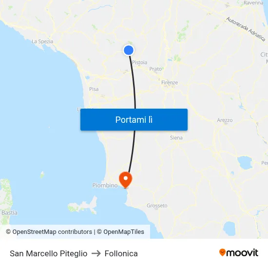 San Marcello Piteglio to Follonica map