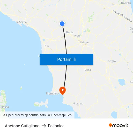 Abetone Cutigliano to Follonica map