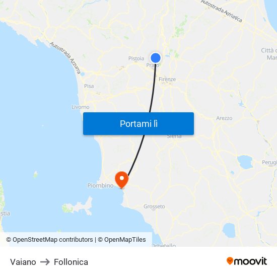 Vaiano to Follonica map