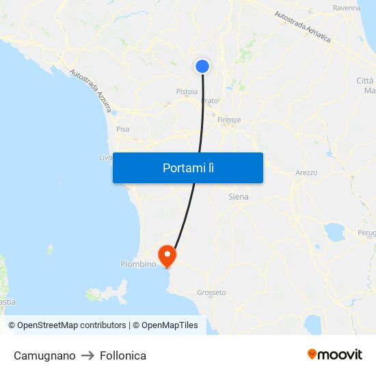 Camugnano to Follonica map