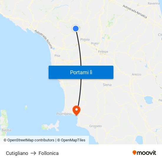 Cutigliano to Follonica map