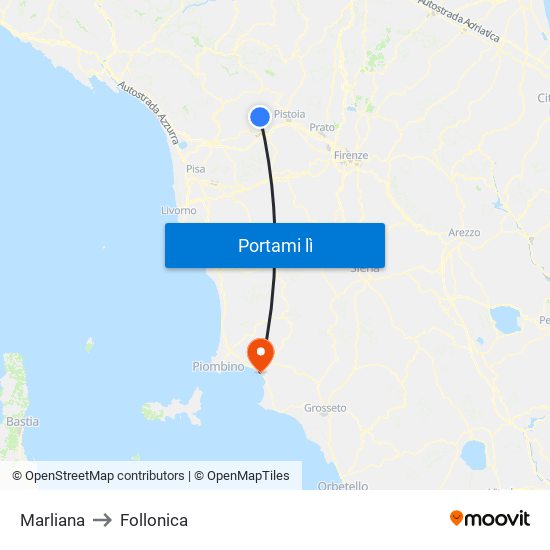 Marliana to Follonica map