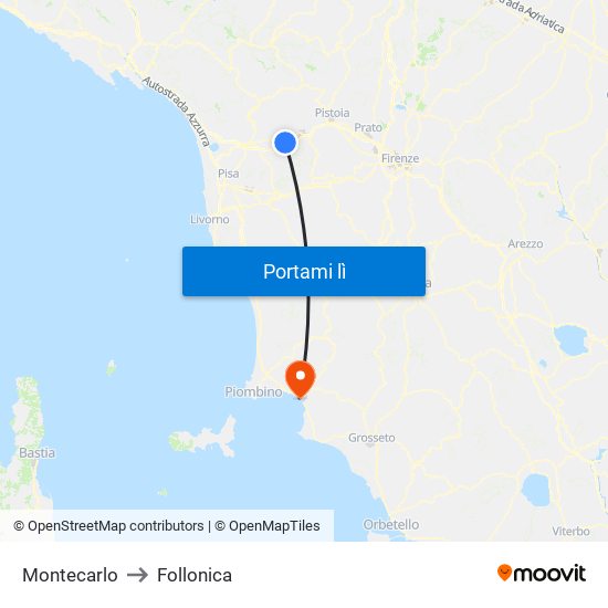 Montecarlo to Follonica map