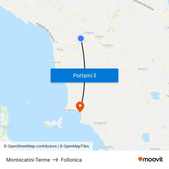 Montecatini-Terme to Follonica map