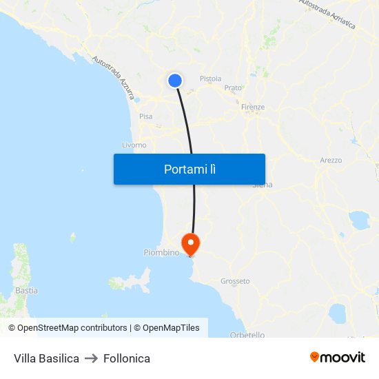 Villa Basilica to Follonica map