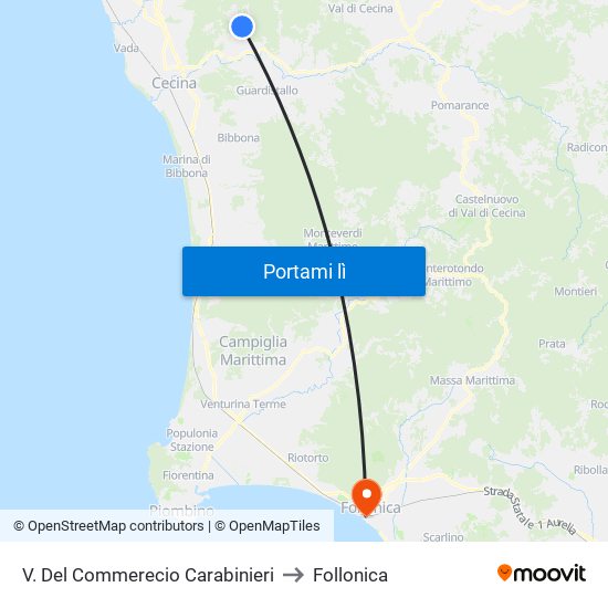 V. Del Commerecio Carabinieri to Follonica map
