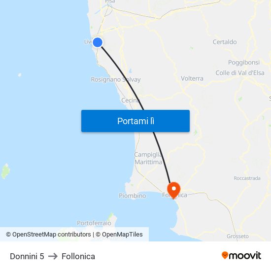 Donnini 5 to Follonica map