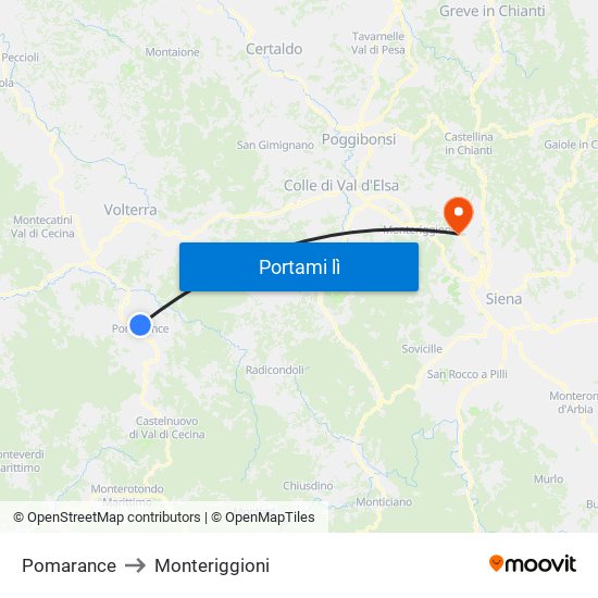 Pomarance to Monteriggioni map