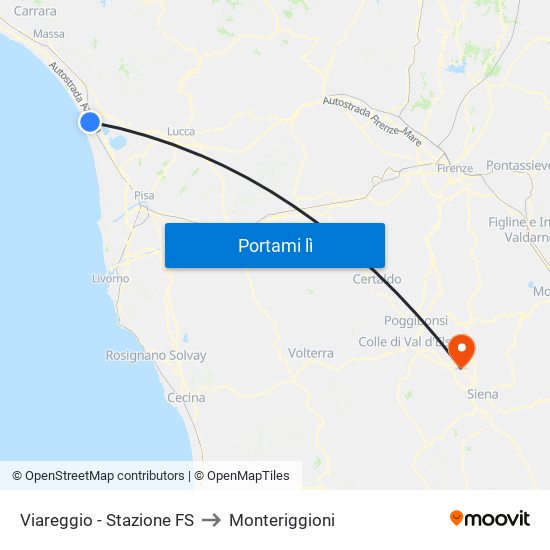 Viareggio Stazione FS to Monteriggioni map