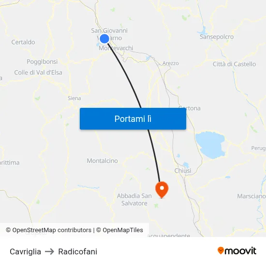 Cavriglia to Radicofani map