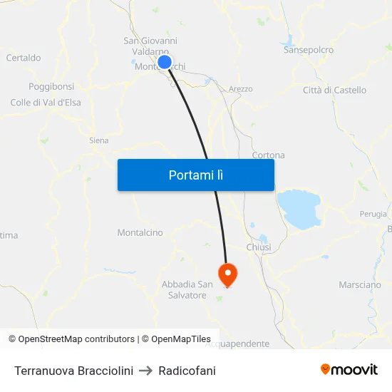 Terranuova Bracciolini to Radicofani map