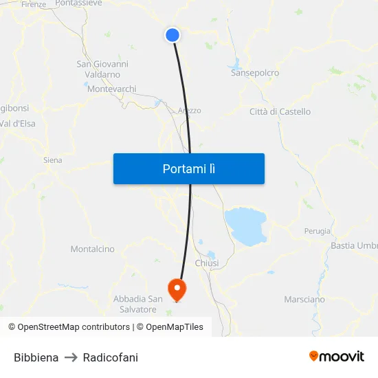 Bibbiena to Radicofani map