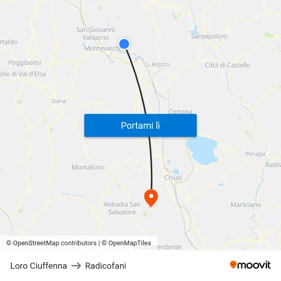 Loro Ciuffenna to Radicofani map