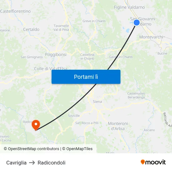 Cavriglia to Radicondoli map