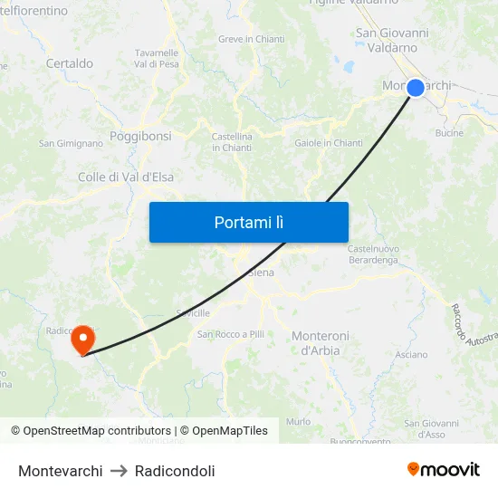 Montevarchi to Radicondoli map