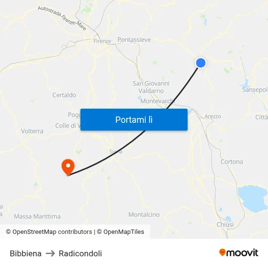 Bibbiena to Radicondoli map