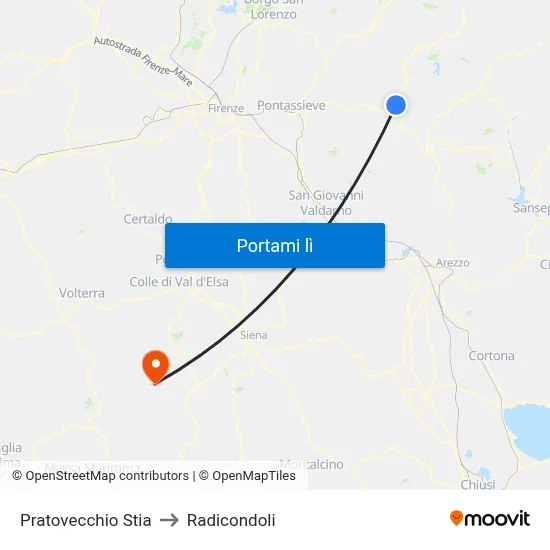 Pratovecchio Stia to Radicondoli map