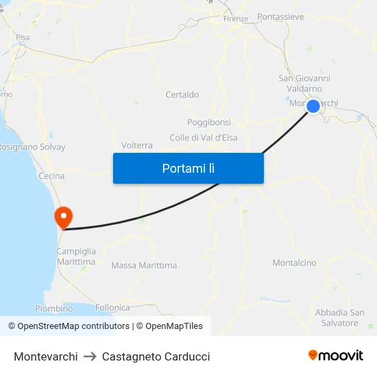 Montevarchi to Castagneto Carducci map